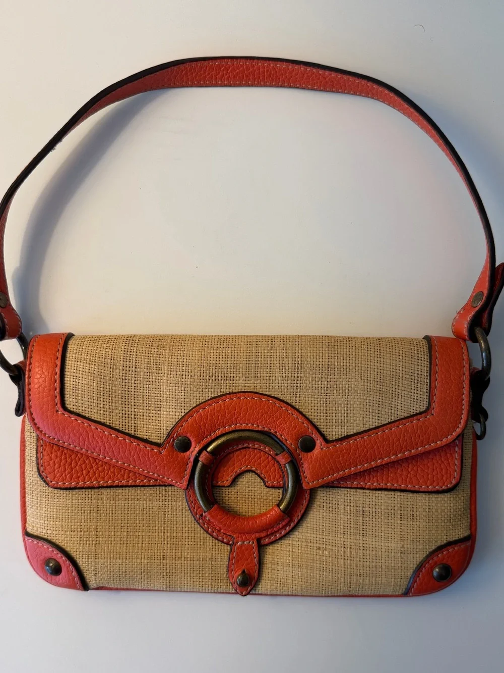 J Crew Woven Straw Shoulder Bag with Orange Leather Trim